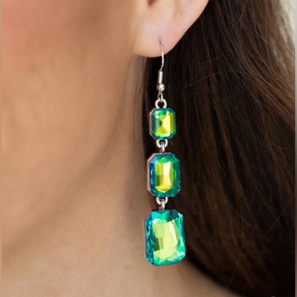 Crystal Drop Earrings Green Blue - Picture 2 of 2